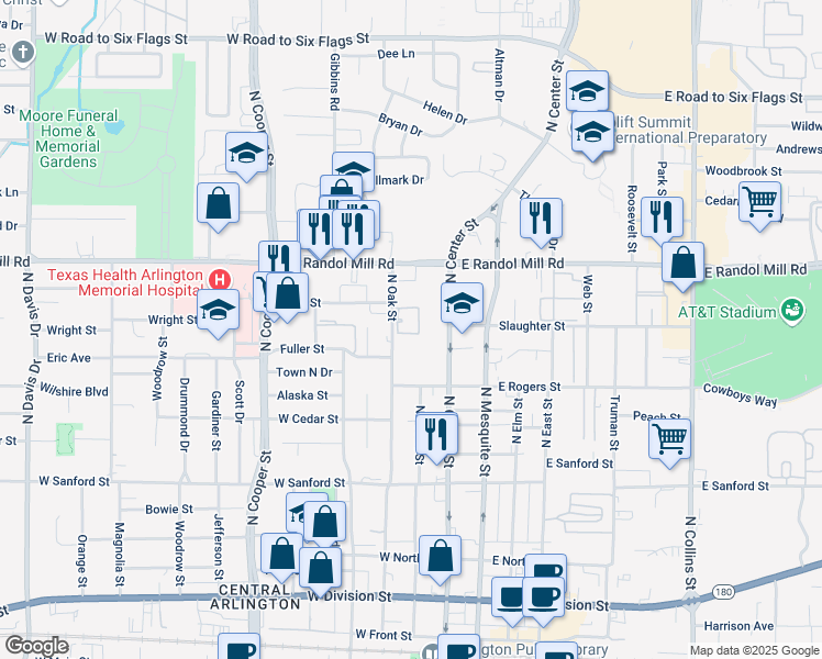 map of restaurants, bars, coffee shops, grocery stores, and more near 905 Terrell Circle in Arlington