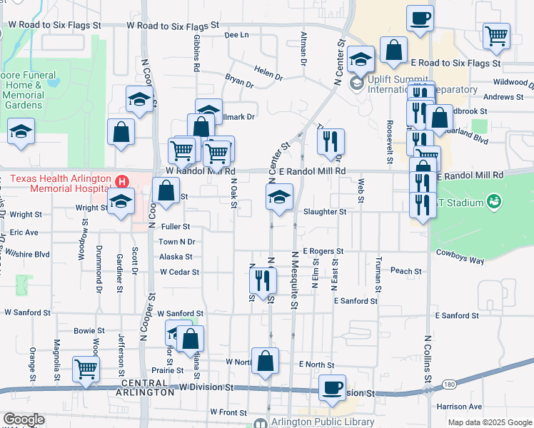 map of restaurants, bars, coffee shops, grocery stores, and more near 822 North Center Street in Arlington