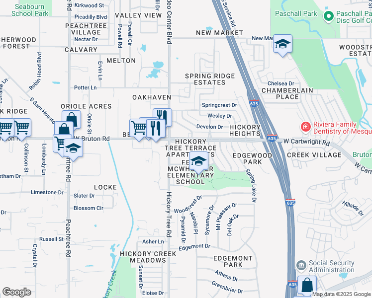 map of restaurants, bars, coffee shops, grocery stores, and more near 1610 Hickory Tree Road in Mesquite