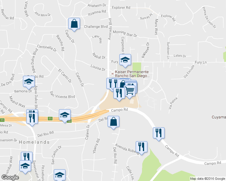 map of restaurants, bars, coffee shops, grocery stores, and more near 3787 Avocado Blvd in La Mesa