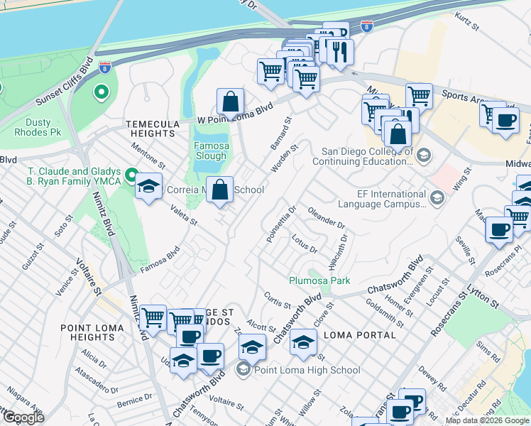 map of restaurants, bars, coffee shops, grocery stores, and more near 2736 Nipoma Street in San Diego