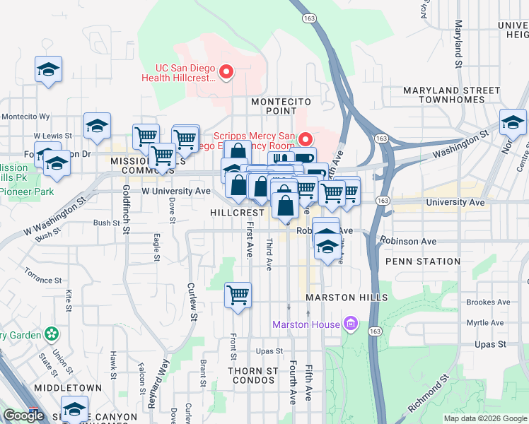 map of restaurants, bars, coffee shops, grocery stores, and more near 127 University Avenue in San Diego