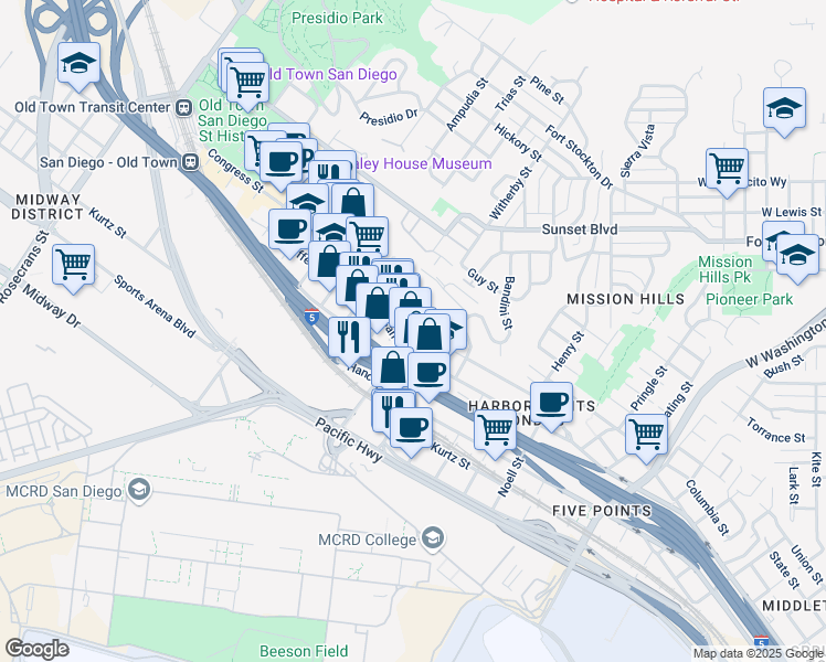 map of restaurants, bars, coffee shops, grocery stores, and more near 3906 West California Street in San Diego