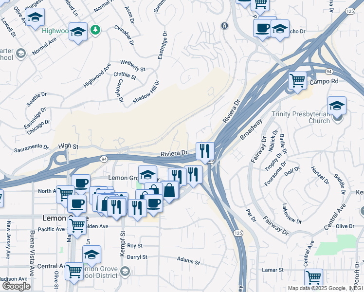map of restaurants, bars, coffee shops, grocery stores, and more near 3760 Belvue Drive in La Mesa