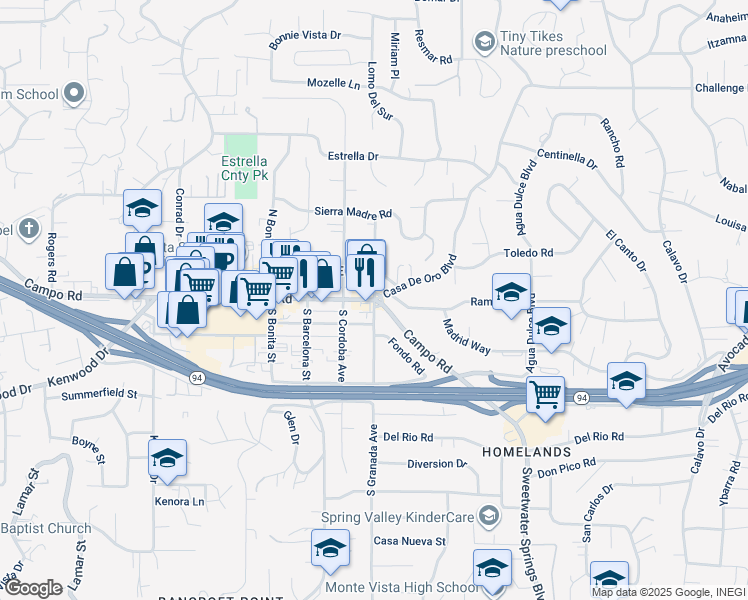 map of restaurants, bars, coffee shops, grocery stores, and more near 10030 Campo Road in Spring Valley