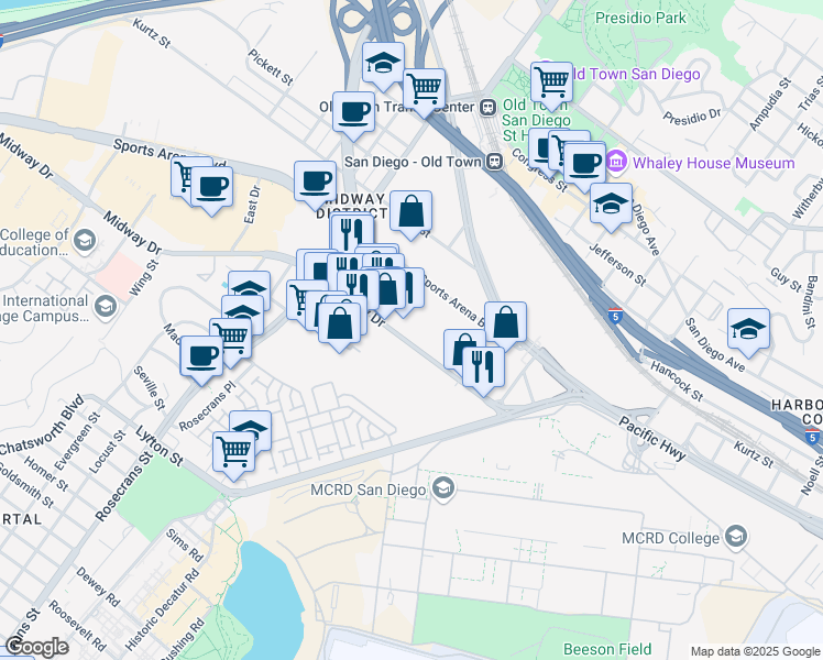 map of restaurants, bars, coffee shops, grocery stores, and more near 2720 Midway Drive in San Diego