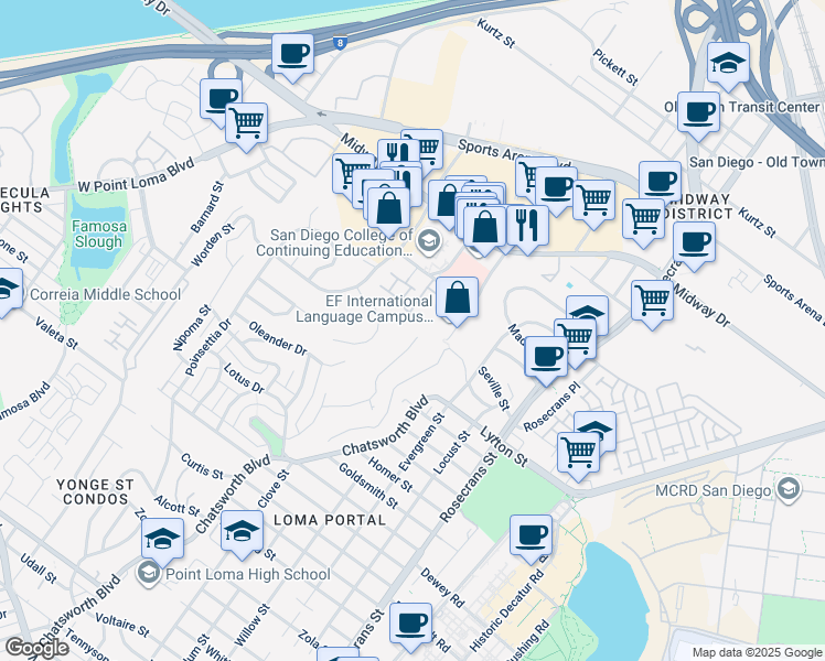 map of restaurants, bars, coffee shops, grocery stores, and more near 3308 Wisteria Drive in San Diego