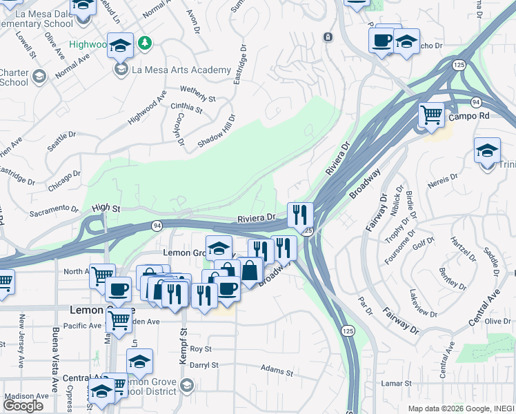 map of restaurants, bars, coffee shops, grocery stores, and more near 3817 Rojo Tierra Road in La Mesa