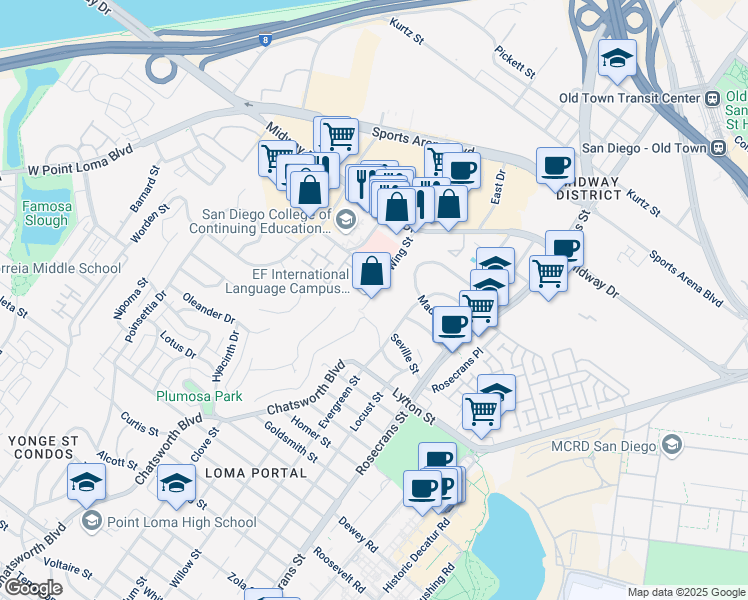 map of restaurants, bars, coffee shops, grocery stores, and more near 3405 Kenyon Street in San Diego