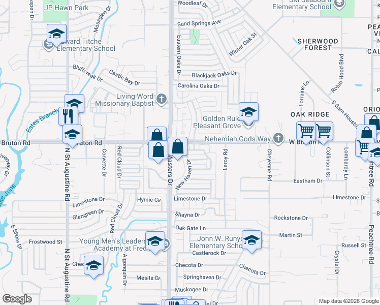 map of restaurants, bars, coffee shops, grocery stores, and more near 10308 New Bedford Drive in Dallas