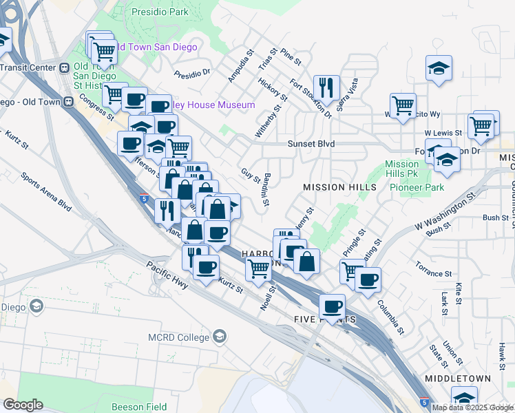 map of restaurants, bars, coffee shops, grocery stores, and more near 3940 Bandini Street in San Diego