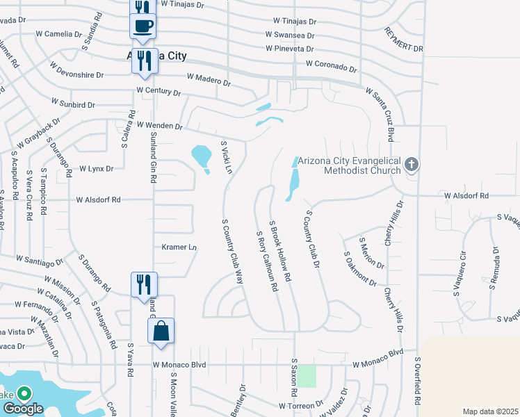 map of restaurants, bars, coffee shops, grocery stores, and more near 14521 South Rory Calhoun Road in Arizona City