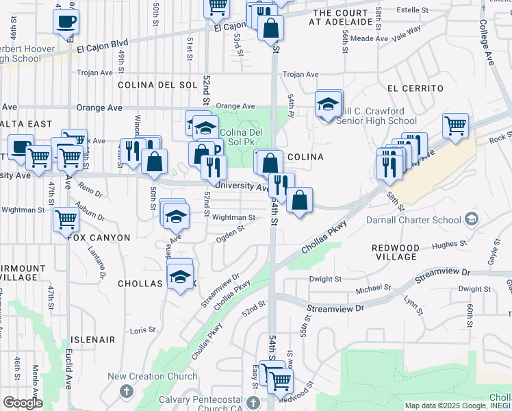 map of restaurants, bars, coffee shops, grocery stores, and more near 5341 Rex Avenue in San Diego