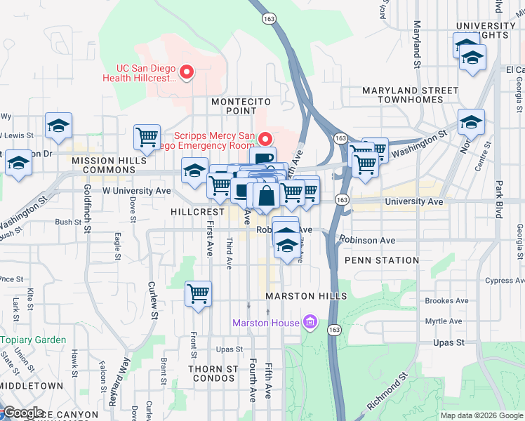 map of restaurants, bars, coffee shops, grocery stores, and more near 3872 5th Avenue in San Diego
