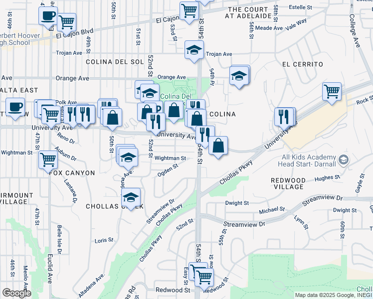 map of restaurants, bars, coffee shops, grocery stores, and more near 5341 Rex Avenue in San Diego