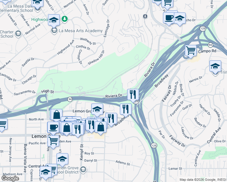 map of restaurants, bars, coffee shops, grocery stores, and more near 3817 Rojo Tierra Road in La Mesa