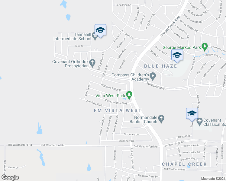 map of restaurants, bars, coffee shops, grocery stores, and more near 10613 Highland Ridge Road in Fort Worth