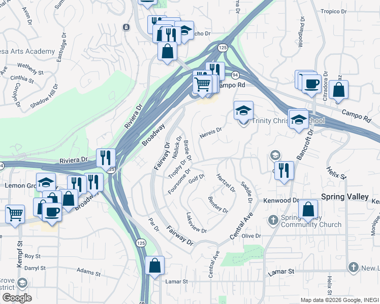 map of restaurants, bars, coffee shops, grocery stores, and more near 3611 Birdie Drive in La Mesa