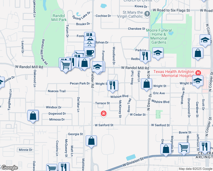 map of restaurants, bars, coffee shops, grocery stores, and more near 1510 Wright Street in Arlington