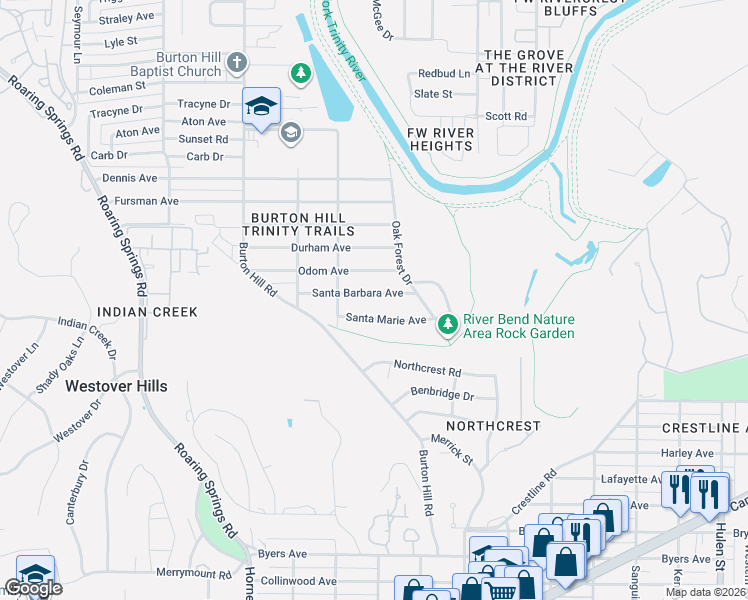 map of restaurants, bars, coffee shops, grocery stores, and more near 5433 Santa Barbara Avenue in Fort Worth
