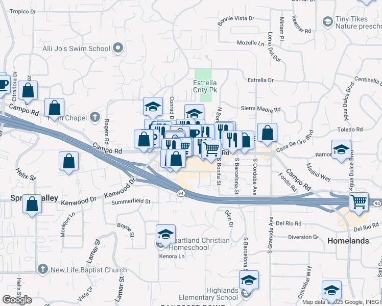 map of restaurants, bars, coffee shops, grocery stores, and more near 9809 Campo Road in Spring Valley