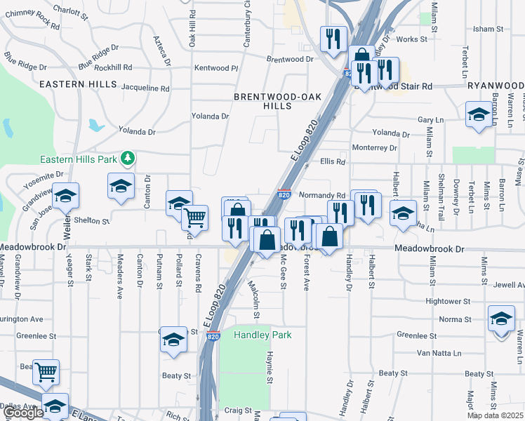 map of restaurants, bars, coffee shops, grocery stores, and more near 2164 East Loop 820 in Fort Worth