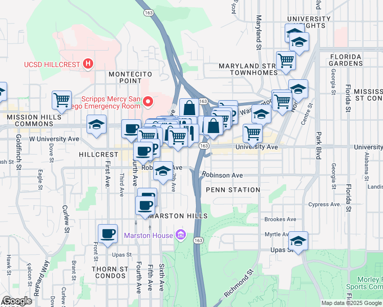 map of restaurants, bars, coffee shops, grocery stores, and more near 3853 8th Avenue in San Diego