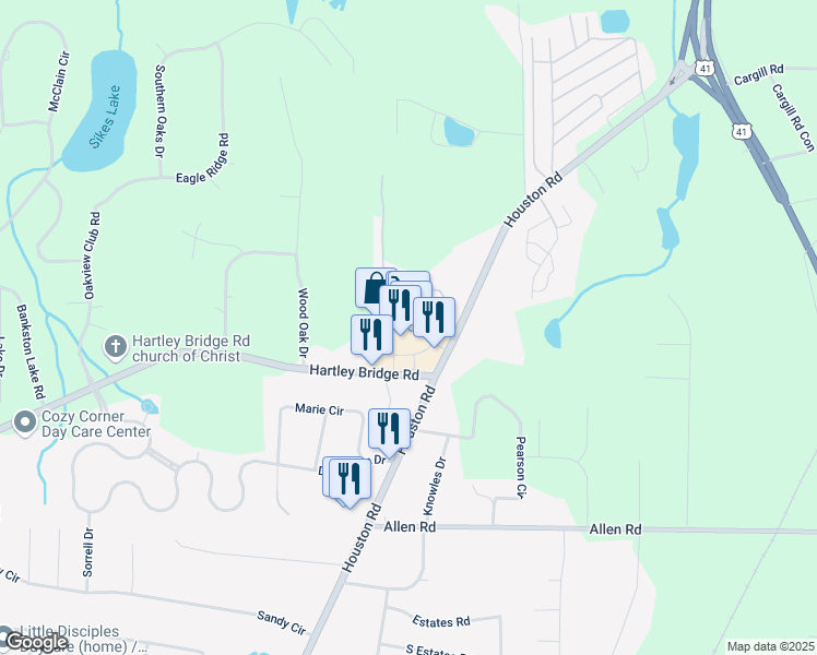 map of restaurants, bars, coffee shops, grocery stores, and more near 5615 Houston Road in Macon