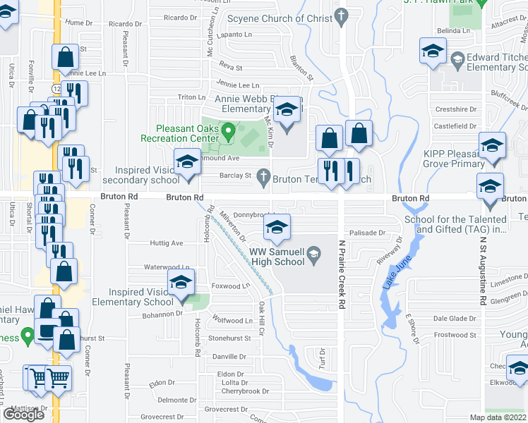 map of restaurants, bars, coffee shops, grocery stores, and more near 8851 Donnybrook Lane in Dallas