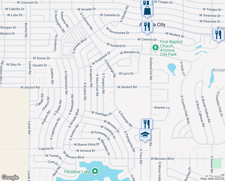 map of restaurants, bars, coffee shops, grocery stores, and more near 10138 West Durango Circle in Arizona City