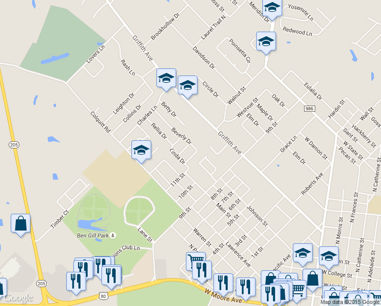 map of restaurants, bars, coffee shops, grocery stores, and more near 783 Beverly Dr in Terrell