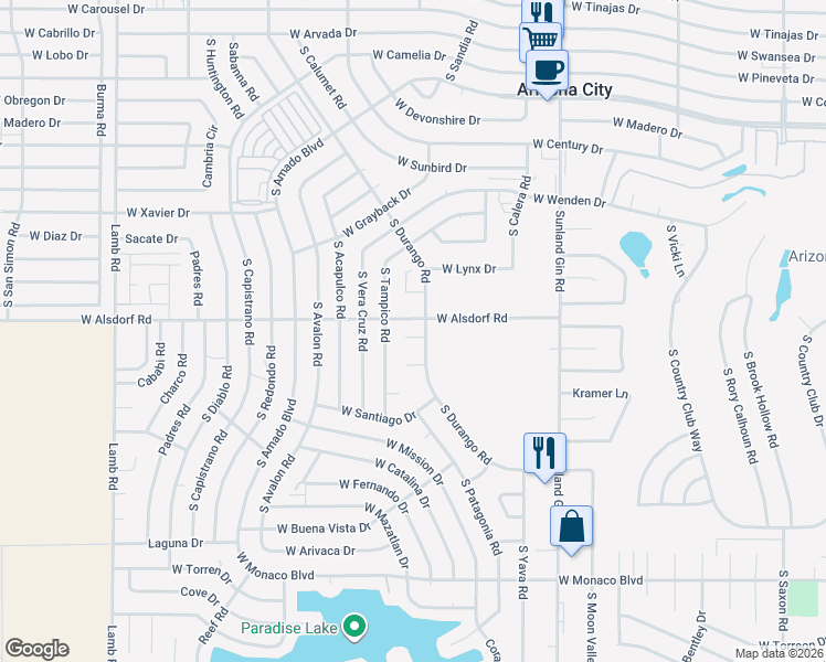map of restaurants, bars, coffee shops, grocery stores, and more near 10138 West Durango Circle in Arizona City