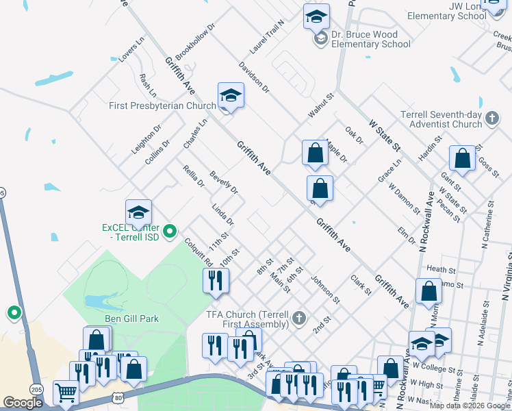 map of restaurants, bars, coffee shops, grocery stores, and more near 211 Tower Circle in Terrell