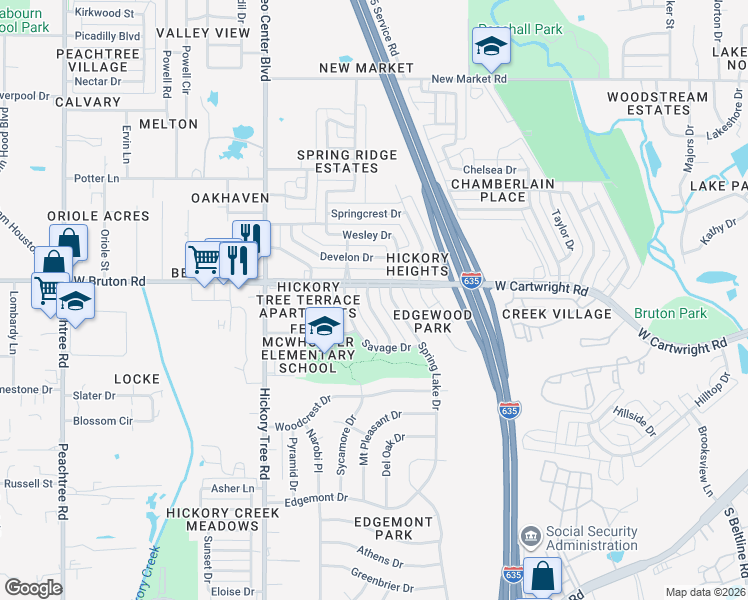 map of restaurants, bars, coffee shops, grocery stores, and more near 1610 Evergreen Drive in Mesquite
