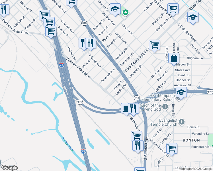 map of restaurants, bars, coffee shops, grocery stores, and more near 1615 Elsie Faye Heggins Street in Dallas
