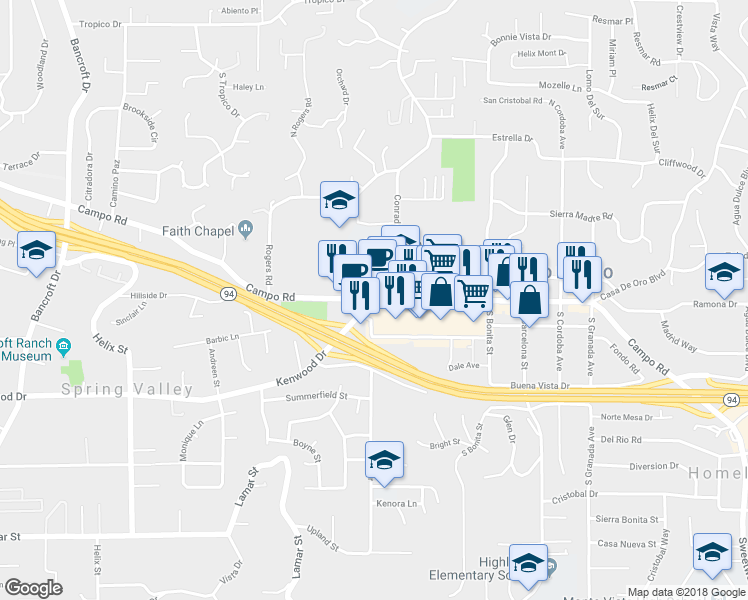 map of restaurants, bars, coffee shops, grocery stores, and more near 3840 Conrad Drive in Spring Valley