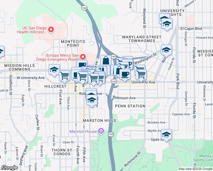 map of restaurants, bars, coffee shops, grocery stores, and more near 3853 8th Avenue in San Diego