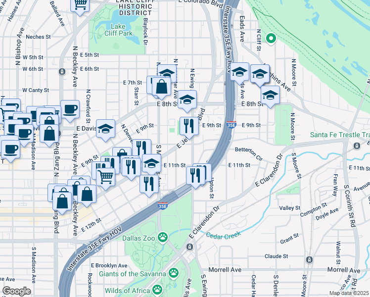 map of restaurants, bars, coffee shops, grocery stores, and more near 706 East 10th Street in Dallas