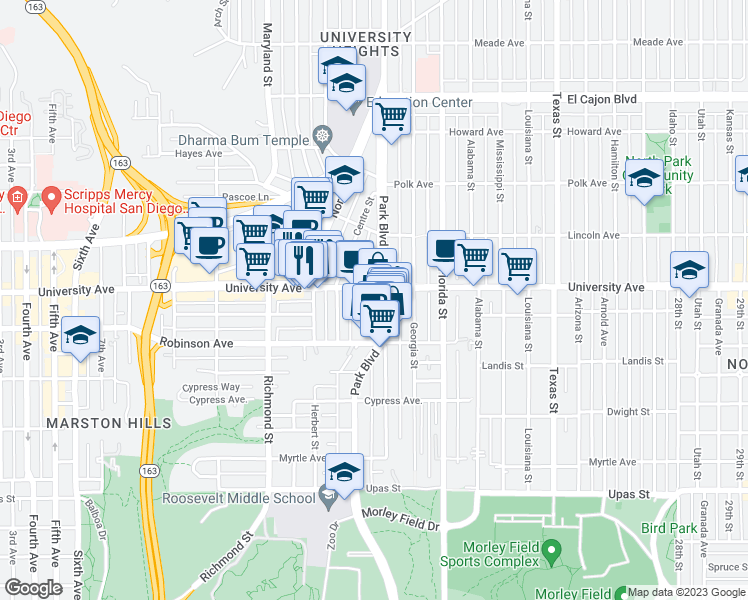 map of restaurants, bars, coffee shops, grocery stores, and more near 1751 University Avenue in San Diego