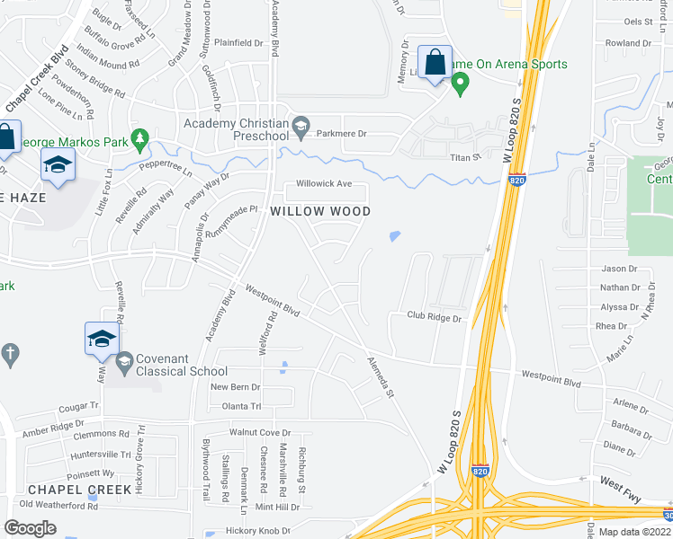 map of restaurants, bars, coffee shops, grocery stores, and more near 757 Chalk Knoll Road in Fort Worth
