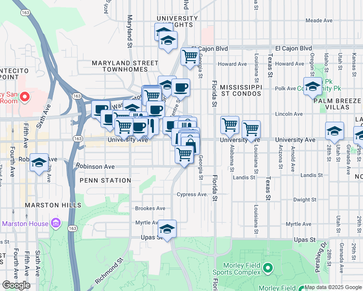 map of restaurants, bars, coffee shops, grocery stores, and more near 3812 Park Boulevard in San Diego