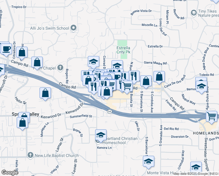 map of restaurants, bars, coffee shops, grocery stores, and more near 9716 Campo Road in Spring Valley
