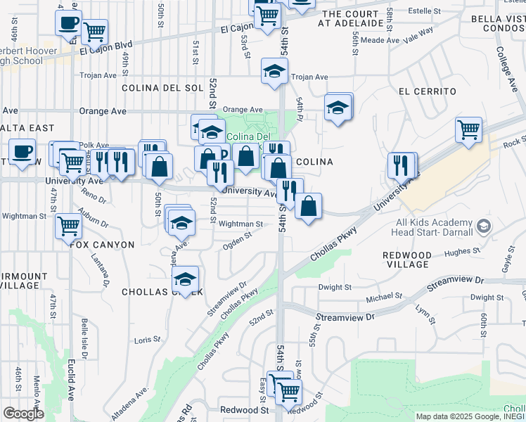 map of restaurants, bars, coffee shops, grocery stores, and more near 5341 Rex Avenue in San Diego