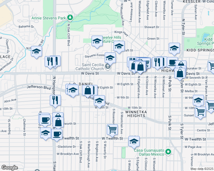 map of restaurants, bars, coffee shops, grocery stores, and more near 306 North Waverly Drive in Dallas