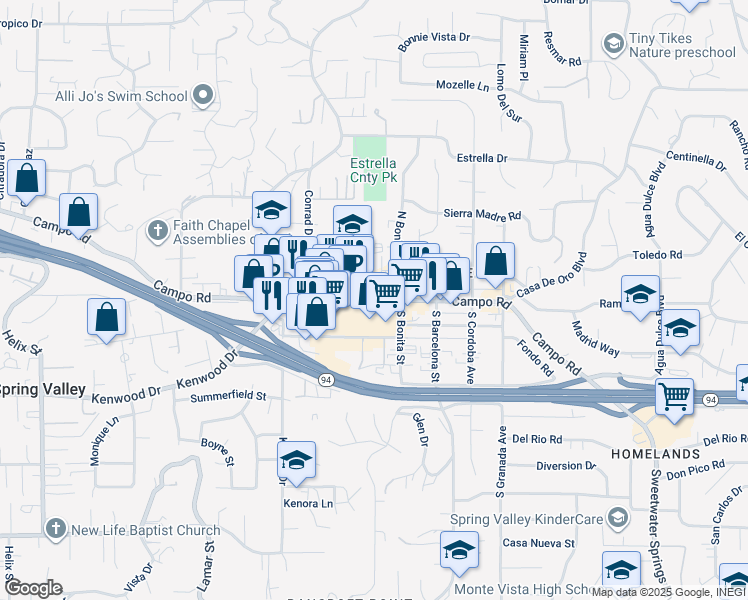 map of restaurants, bars, coffee shops, grocery stores, and more near Campo Road in Spring Valley