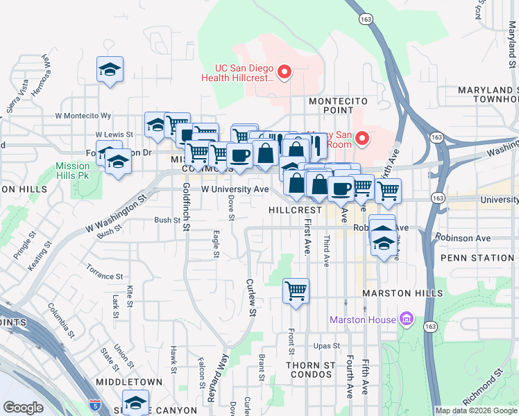 map of restaurants, bars, coffee shops, grocery stores, and more near 3844 Albatross Street in San Diego