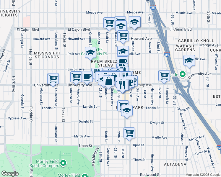 map of restaurants, bars, coffee shops, grocery stores, and more near 3830 Granada Avenue in San Diego