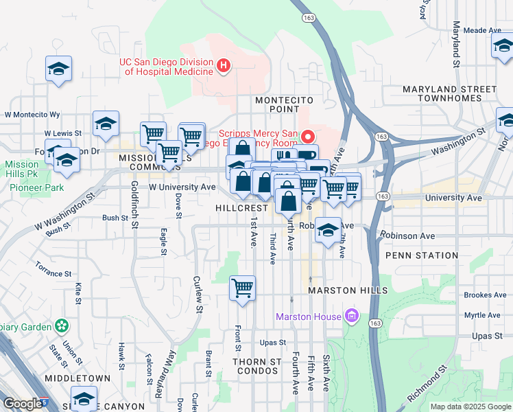 map of restaurants, bars, coffee shops, grocery stores, and more near 3853 1st Avenue in San Diego