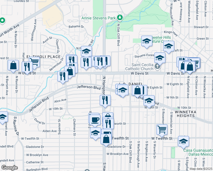 map of restaurants, bars, coffee shops, grocery stores, and more near 408 North Hampton Road in Dallas
