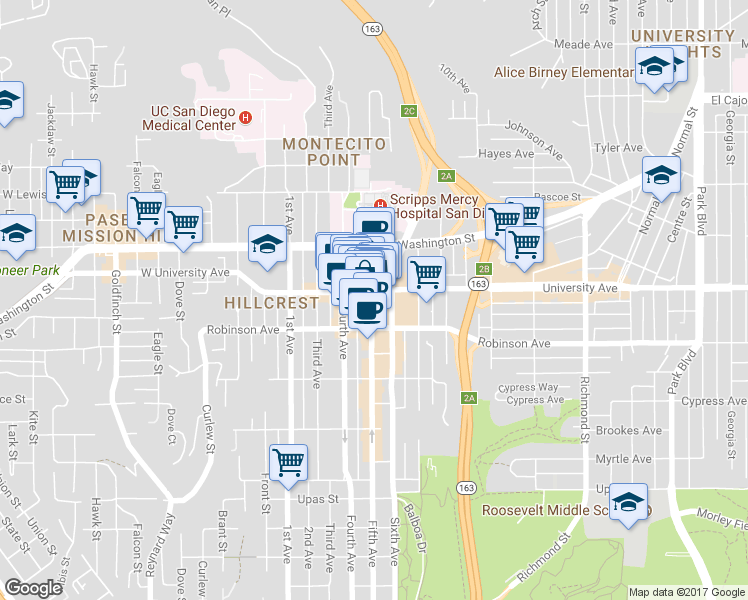 map of restaurants, bars, coffee shops, grocery stores, and more near 3863 5th Avenue in San Diego